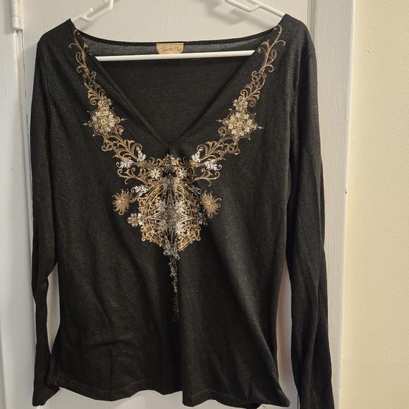 Vintage Janette Plus Elegant Black and Gold Embellished Top Size L - Picture 1 of 4